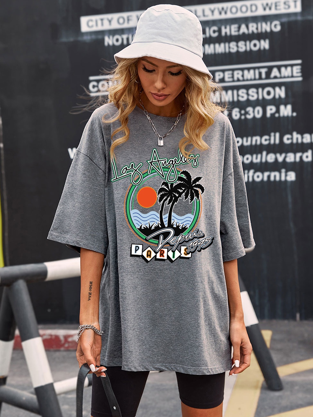 

URBANIC Women Grey Melange & Black Tropical Print Extra Relaxed Fit Cotton Longline Tshirt