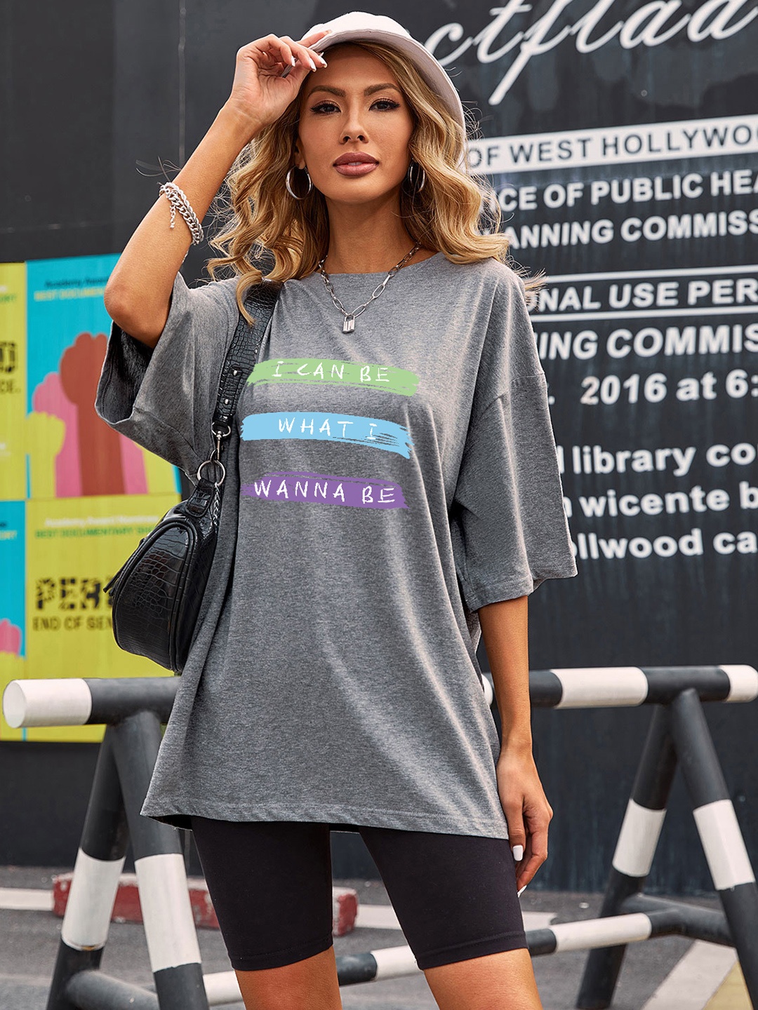 

URBANIC Women Charcoal Grey Typography Cotton Drop-Shoulder Relaxed Longline T-shirt