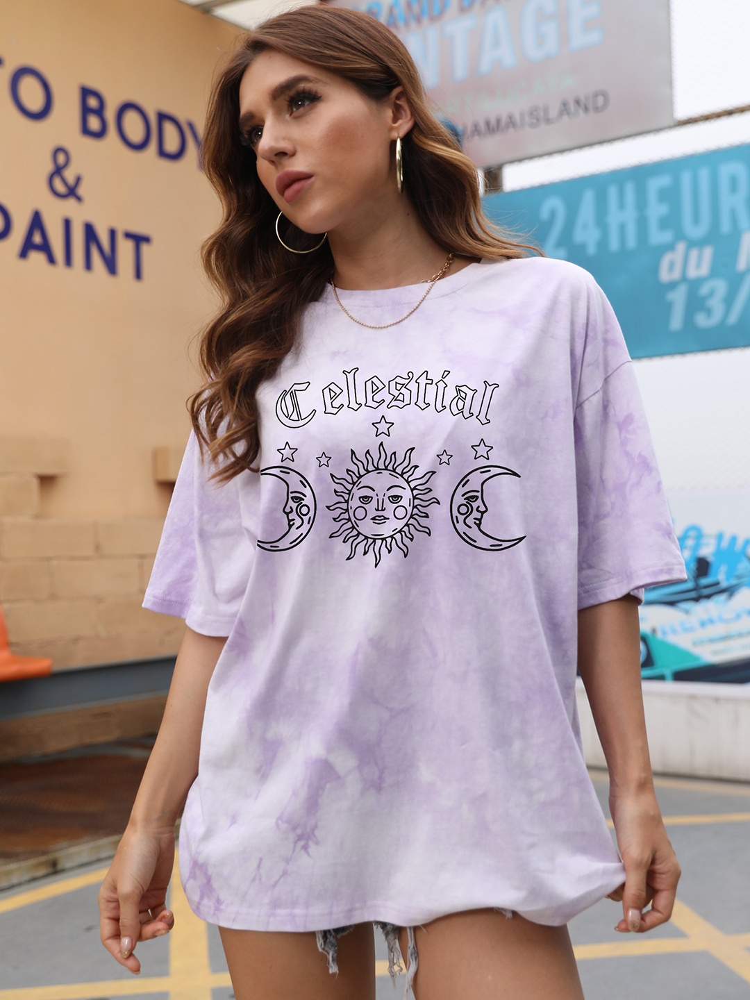 

URBANIC Women Purple & Black Pure Cotton Printed Detailed Dyed T-shirt
