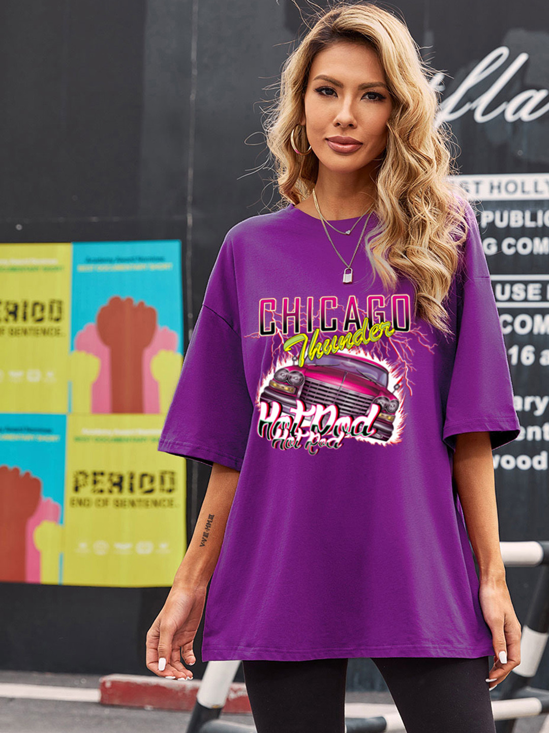 

URBANIC Women Purple Relaxed Fit Printed Drop-Shoulder Sleeves Longline T-shirt