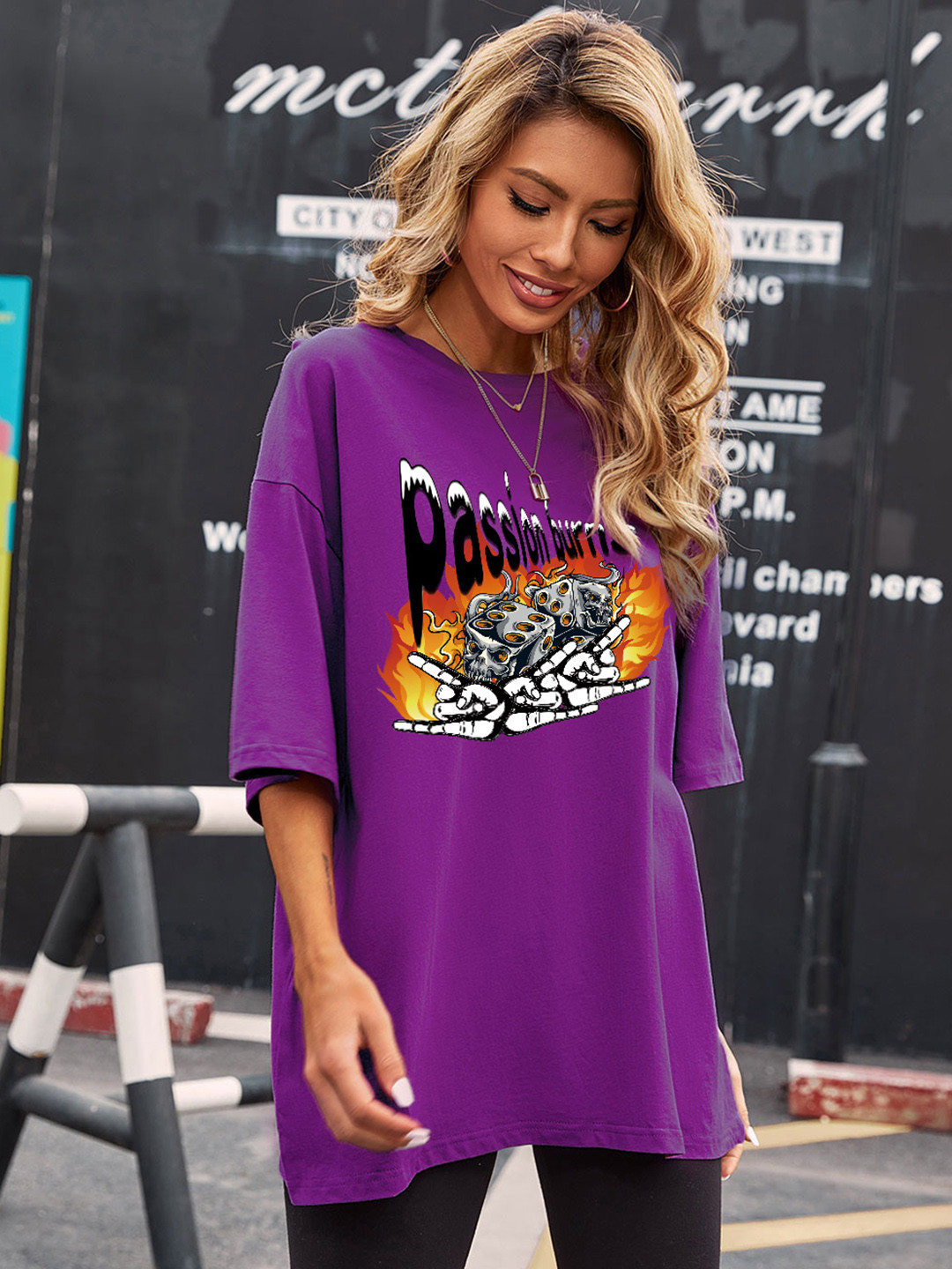 

URBANIC Women Purple & Black Cotton Relaxed Fit Printed Drop-Shoulder Longline T-shirt