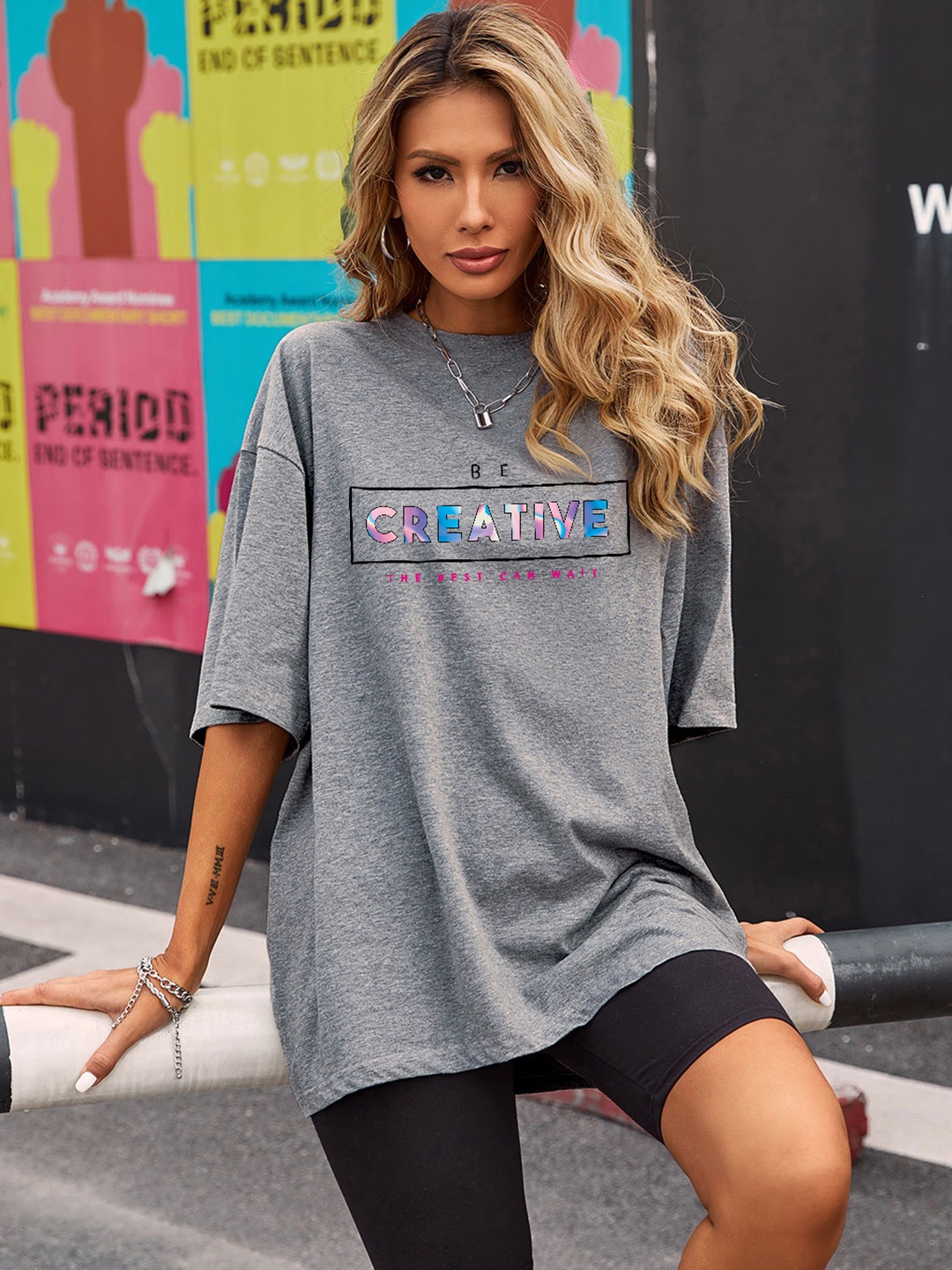

URBANIC Women Grey Printed Extended Sleeves T-shirt