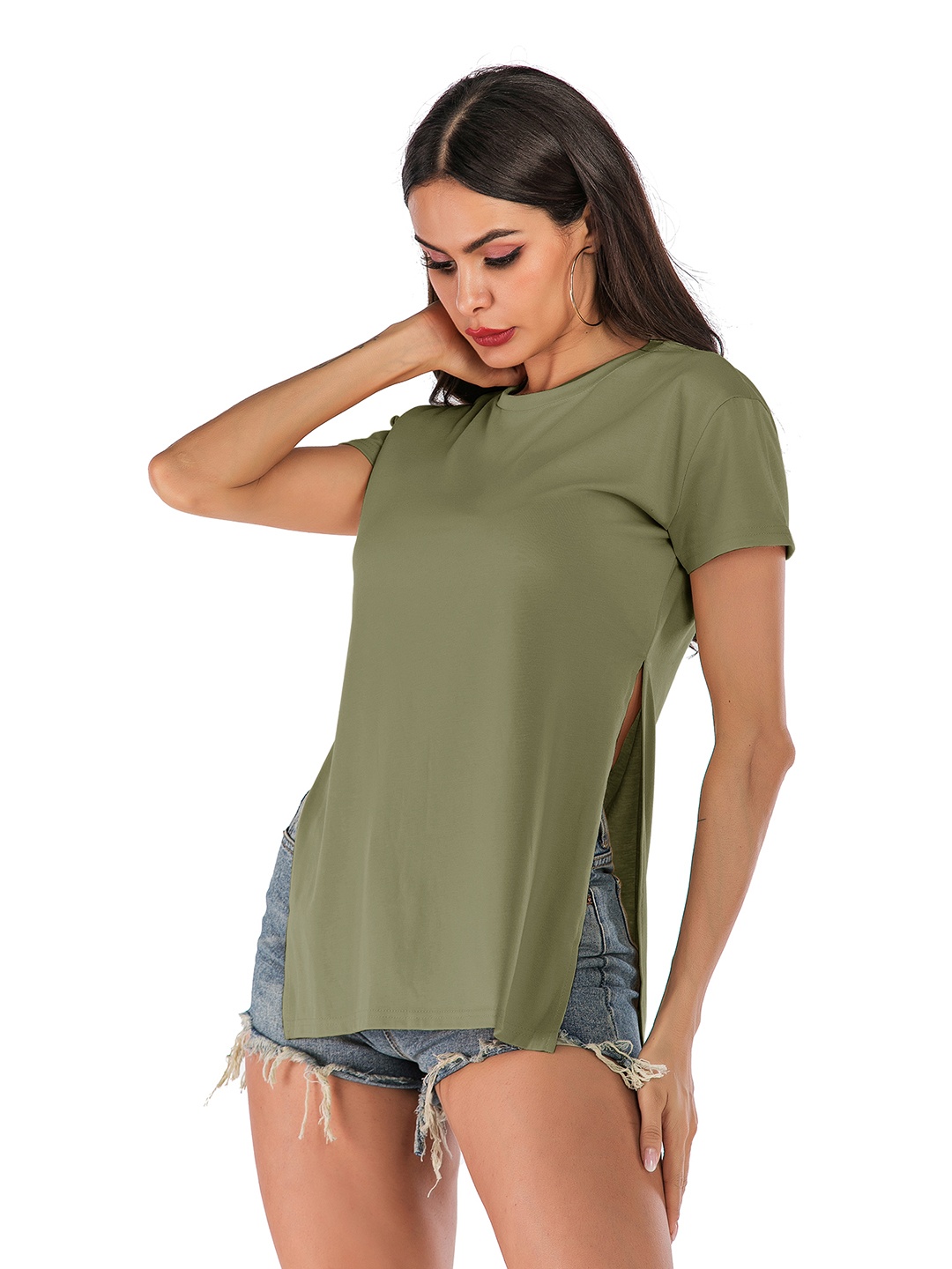 

URBANIC Olive Green Solid Side Slit Regular Top