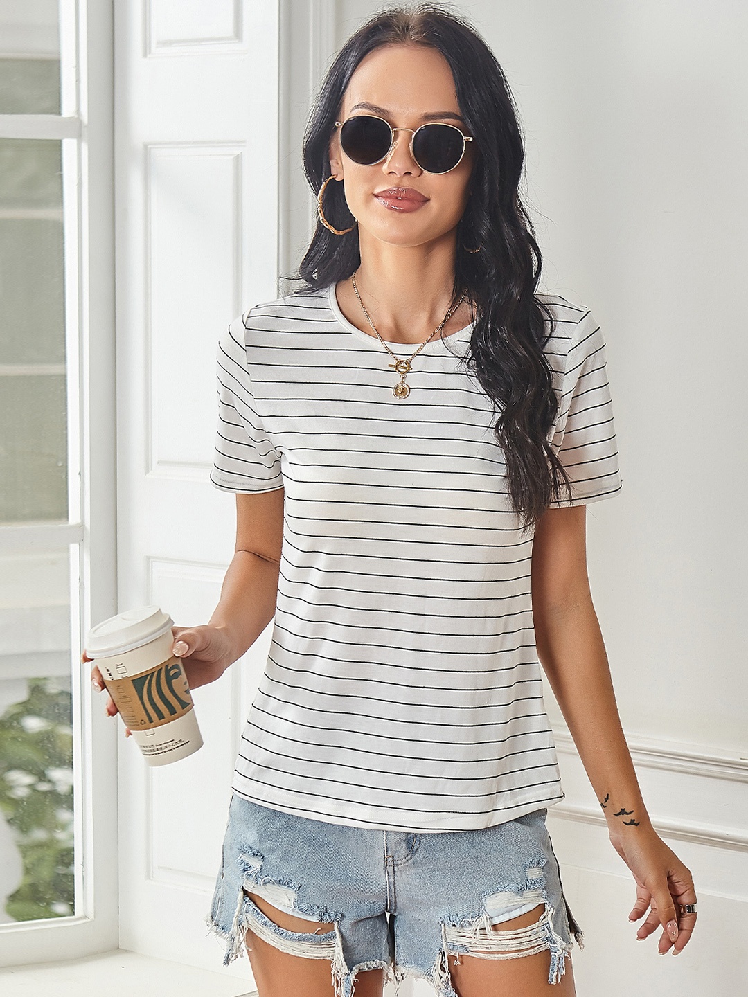 

URBANIC Women Grey & White Striped Slim Fit Simplicity Pullover T-shirt