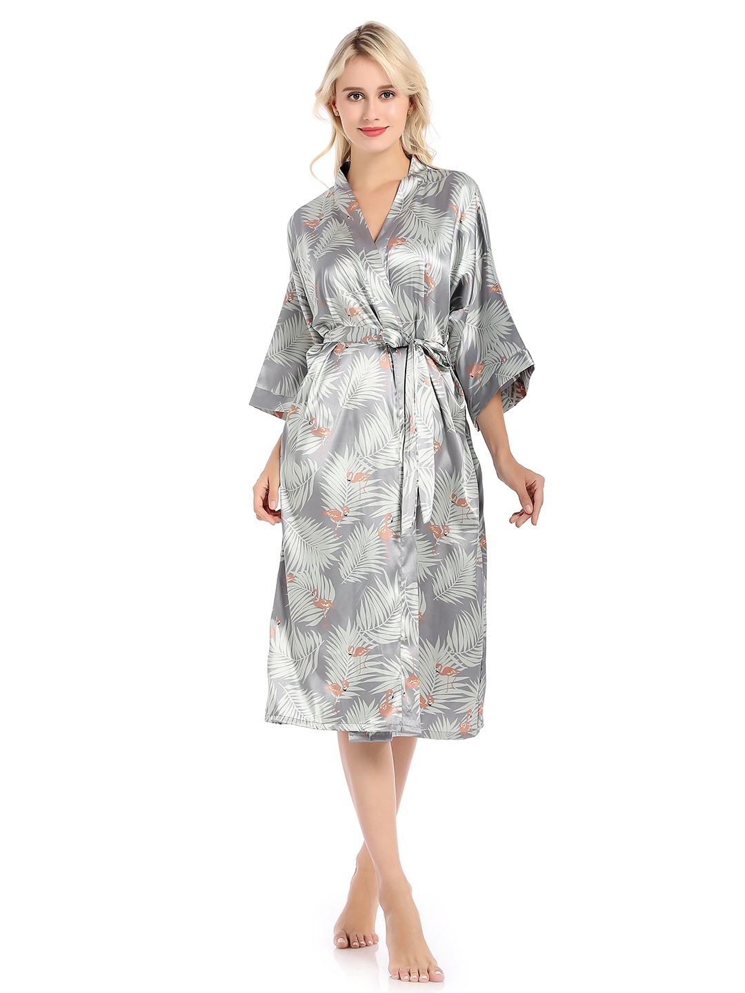 

URBANIC Women Green & Grey Floral Print Bath Robe with Belt