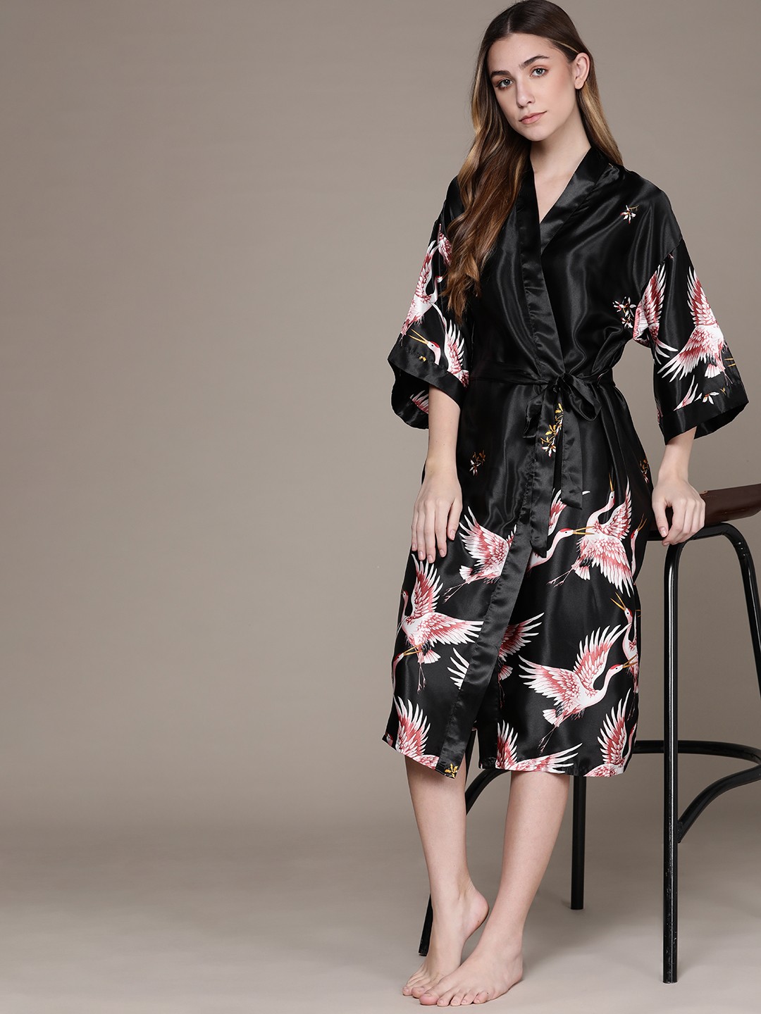 

URBANIC Black & Pink Flamingo Print Lounge Robe