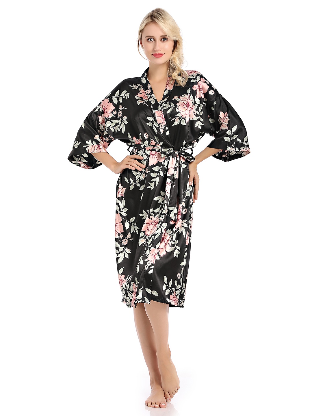 

URBANIC Women Black Floral Belted Dressing Gown