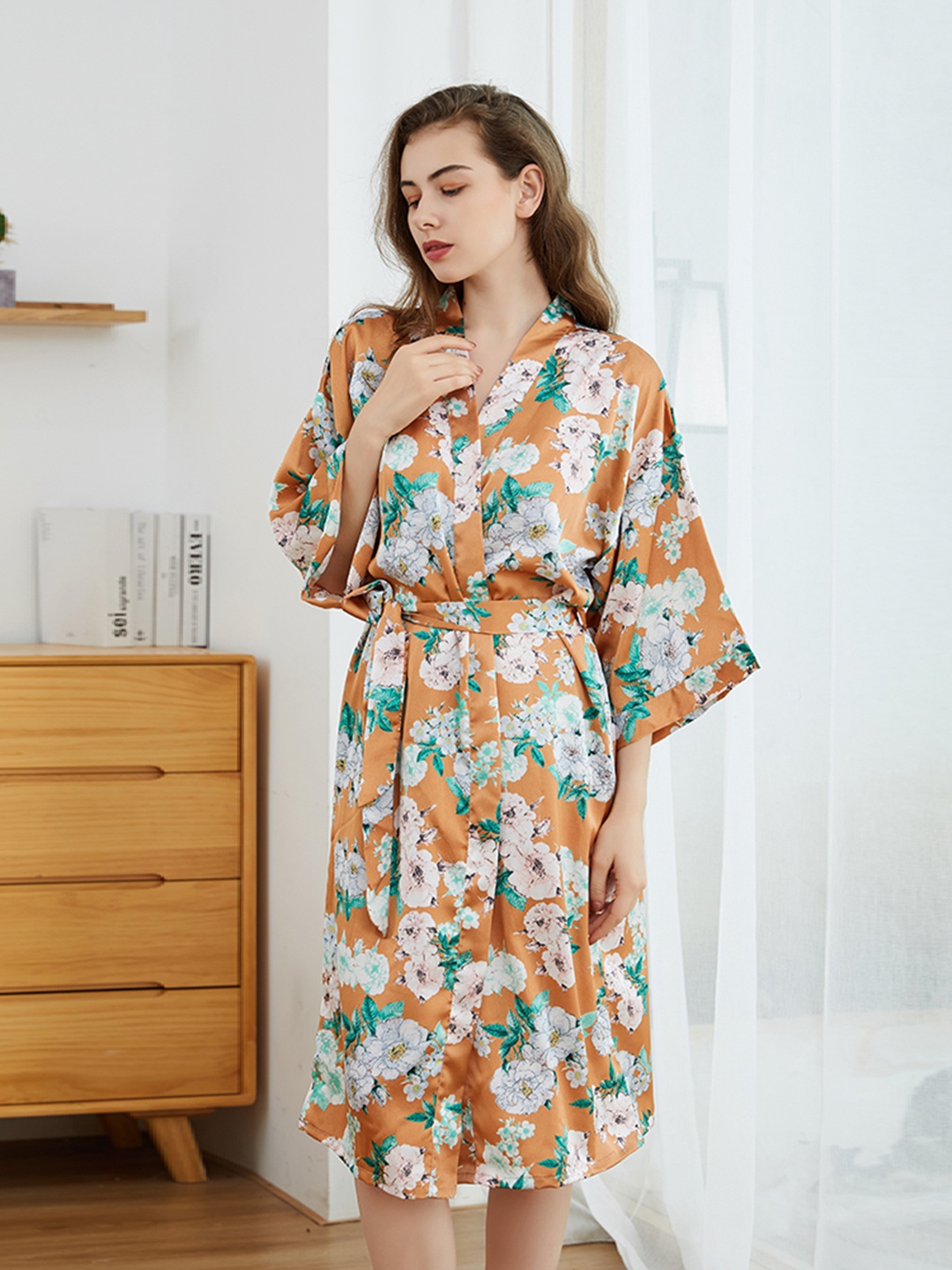 

URBANIC Women Orange & Green Belted Lounge Robe