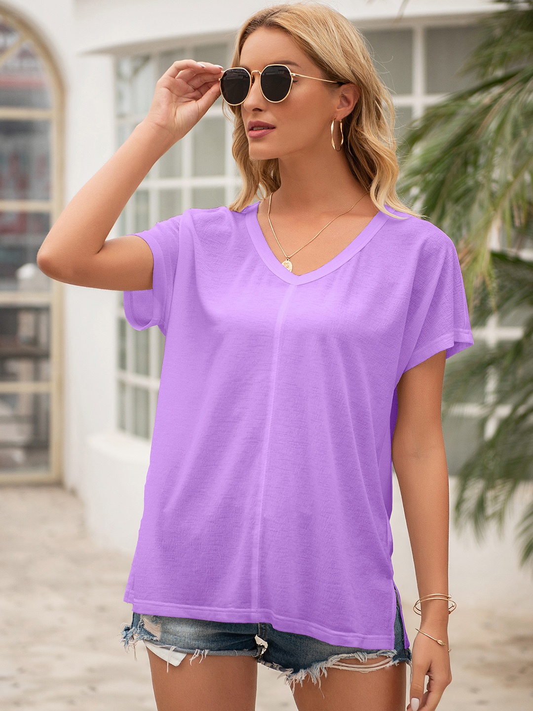 

URBANIC Women Lavender V-Neck Relaxed Fit Extended Sleeves T-shirt