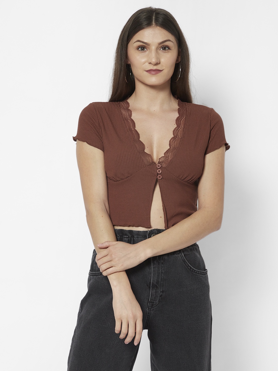 

URBANIC Women Brown Ribbed V-Neck Slim Fit Crop Top with Lace Detail