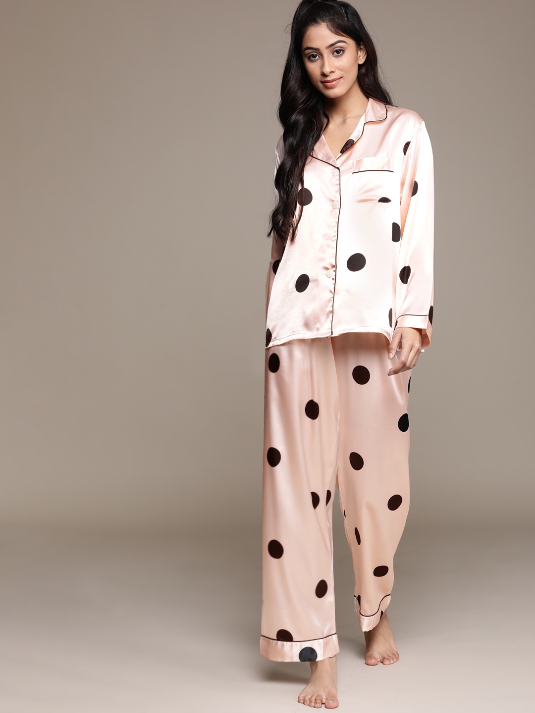 

URBANIC Women Pink & Black Polka Dots Print Satin Finish Pyjama Set