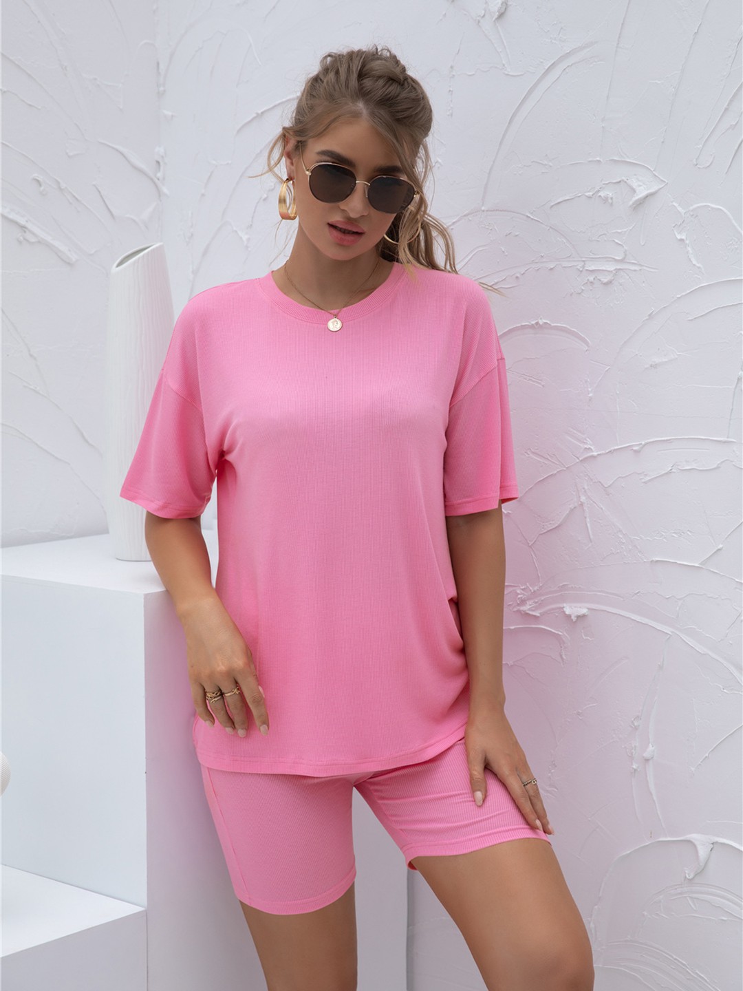 

URBANIC Women Blue Solid Drop Shoulder Sleeves T-shirt with Shorts