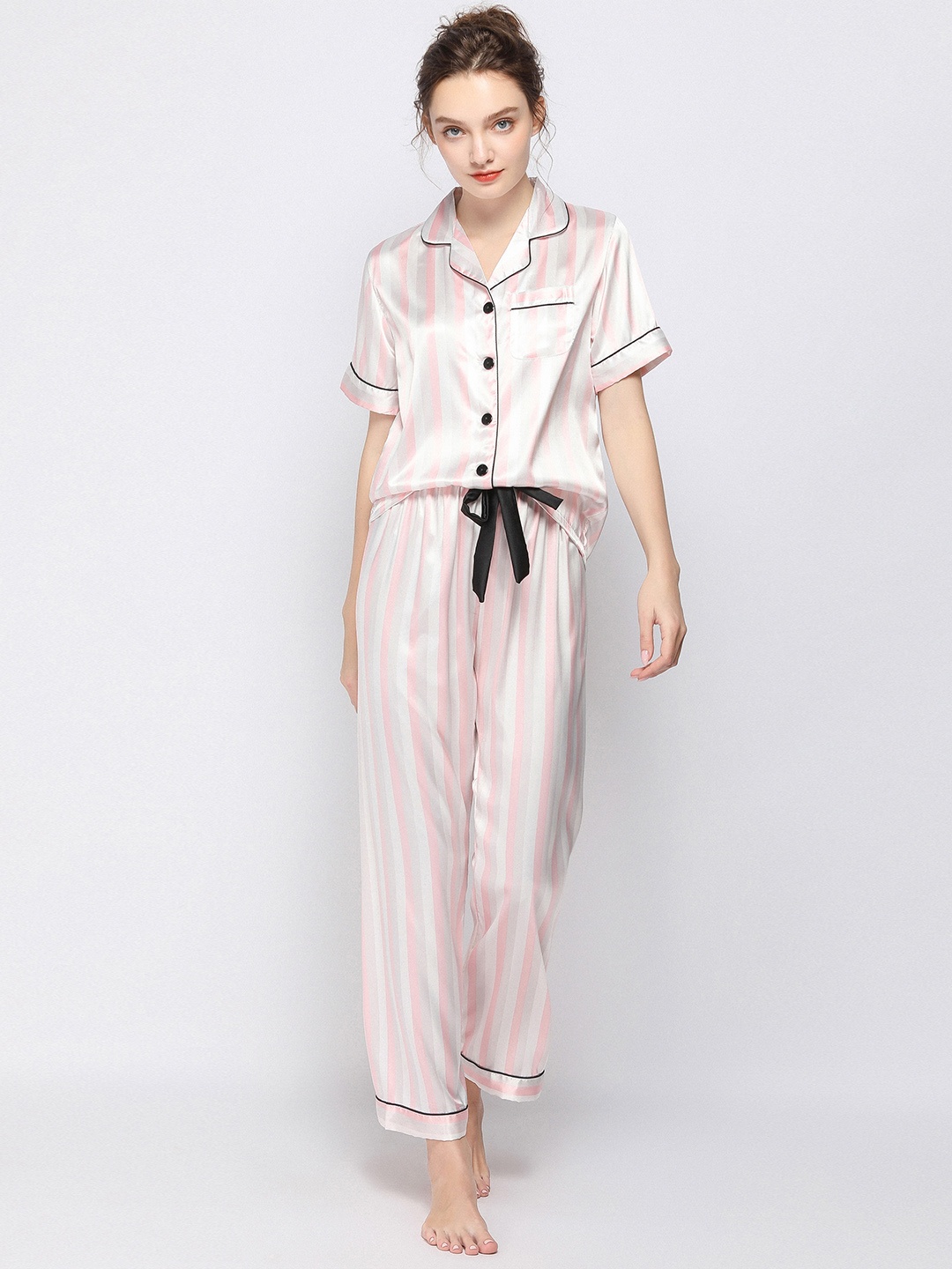 

URBANIC Women Pink & White Striped Night suit