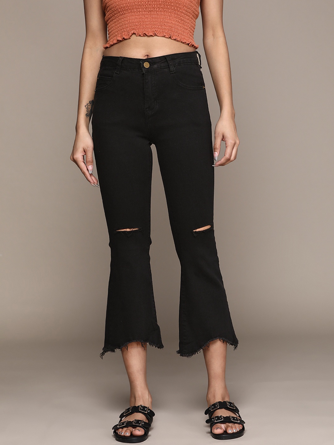 

URBANIC Women Black Flared Slash Knee Stretchable Jeans