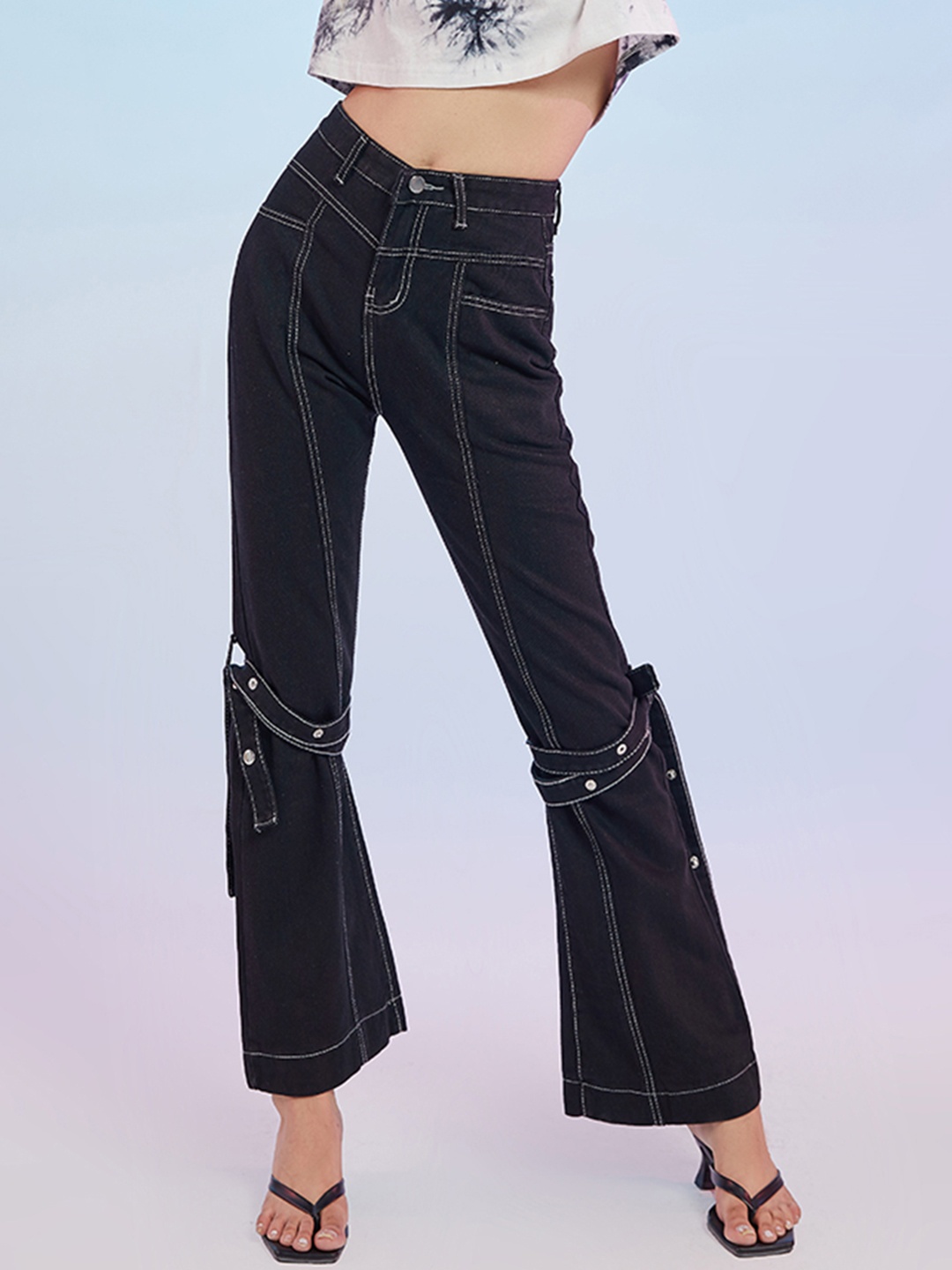 

URBANIC Women Black Cotton Flared High-Rise Clean Look Jeans