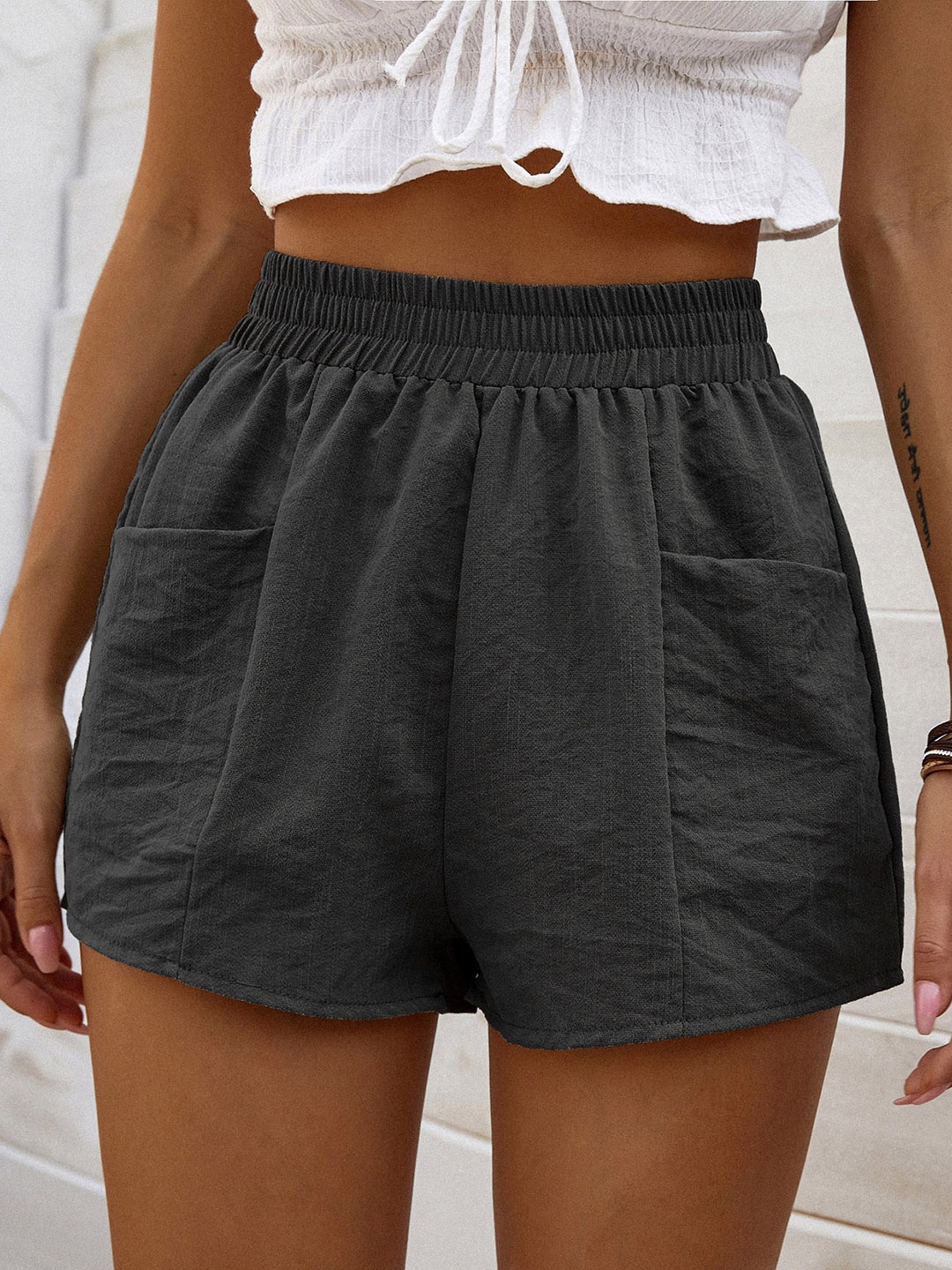 

URBANIC Women Black Solid Crinkled High-Rise Regular Shorts