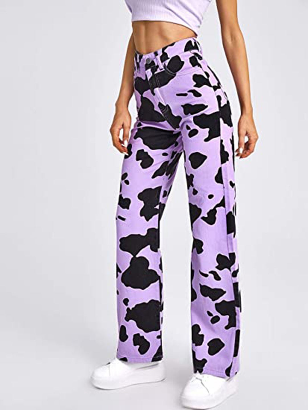 

URBANIC Women Lavender & Black Pure Cotton Wide Leg Printed Jeans