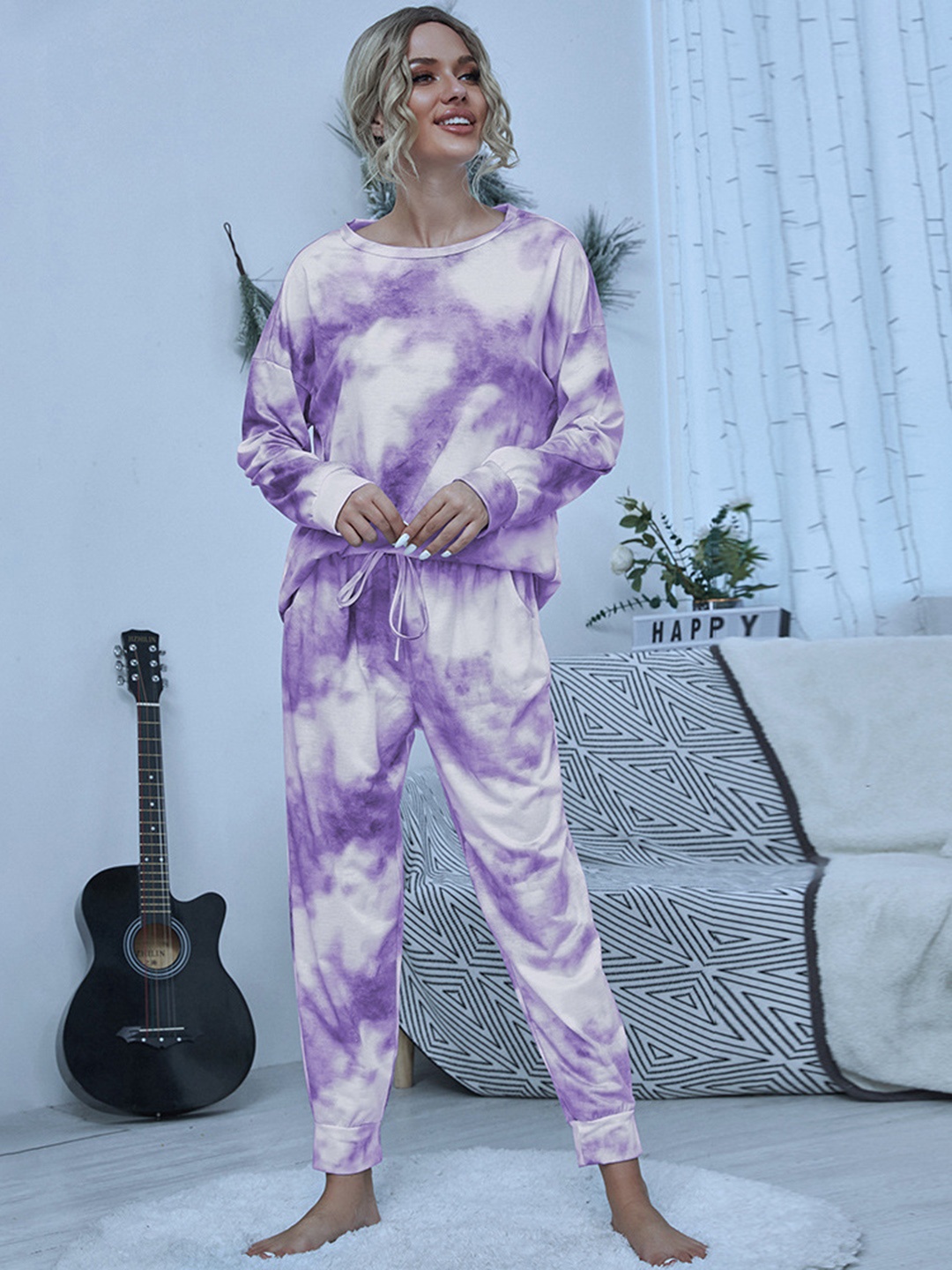 

URBANIC Women Purple & White Printed Night suit