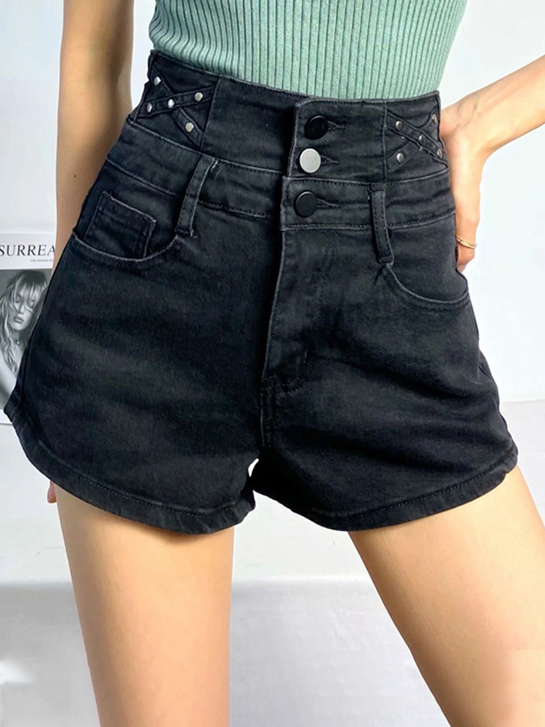 

URBANIC Women Black High-Rise Denim Cotton Shorts with Embellished Detail