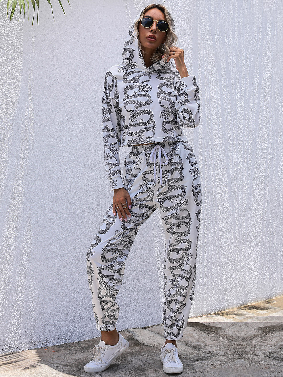 

URBANIC Women White & Black Printed Hooded Top with Trousers