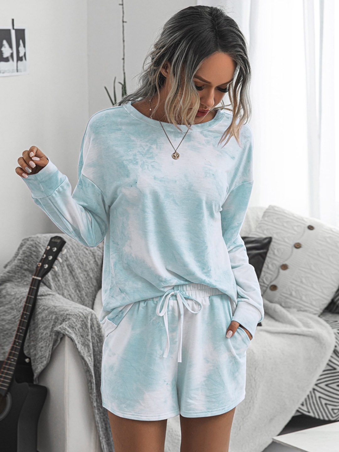 

URBANIC Women Blue & White Dyed Relaxed Fit Shorts Set