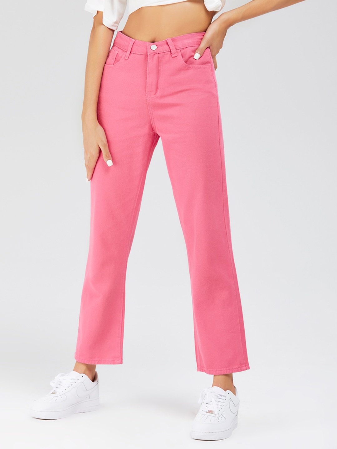 

URBANIC Women Pink Solid Wide Leg High-Rise Cotton Crop Jeans