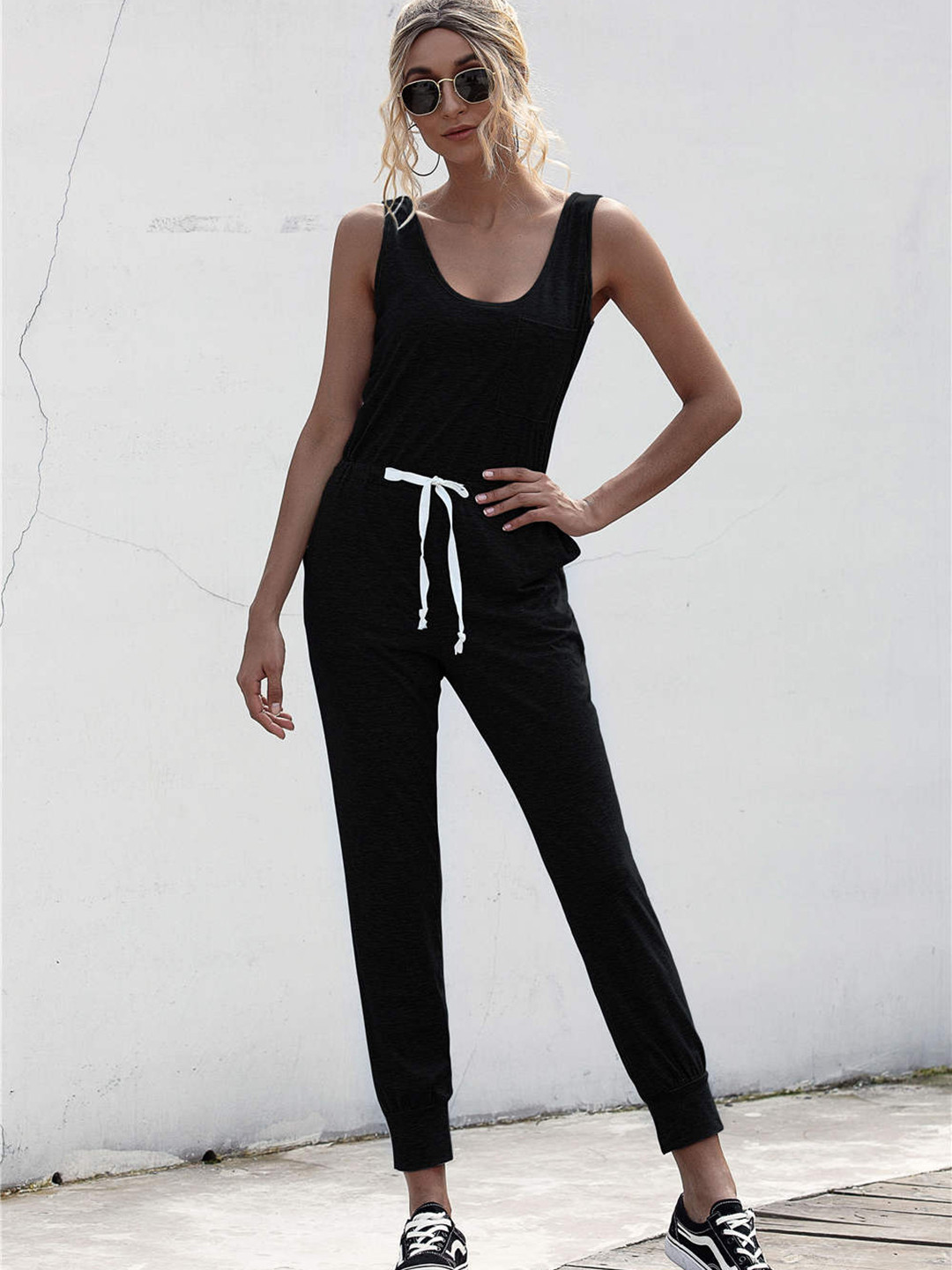 

URBANIC Women Black Solid Cropped Basic Jumpsuit with Tie-Up Detail