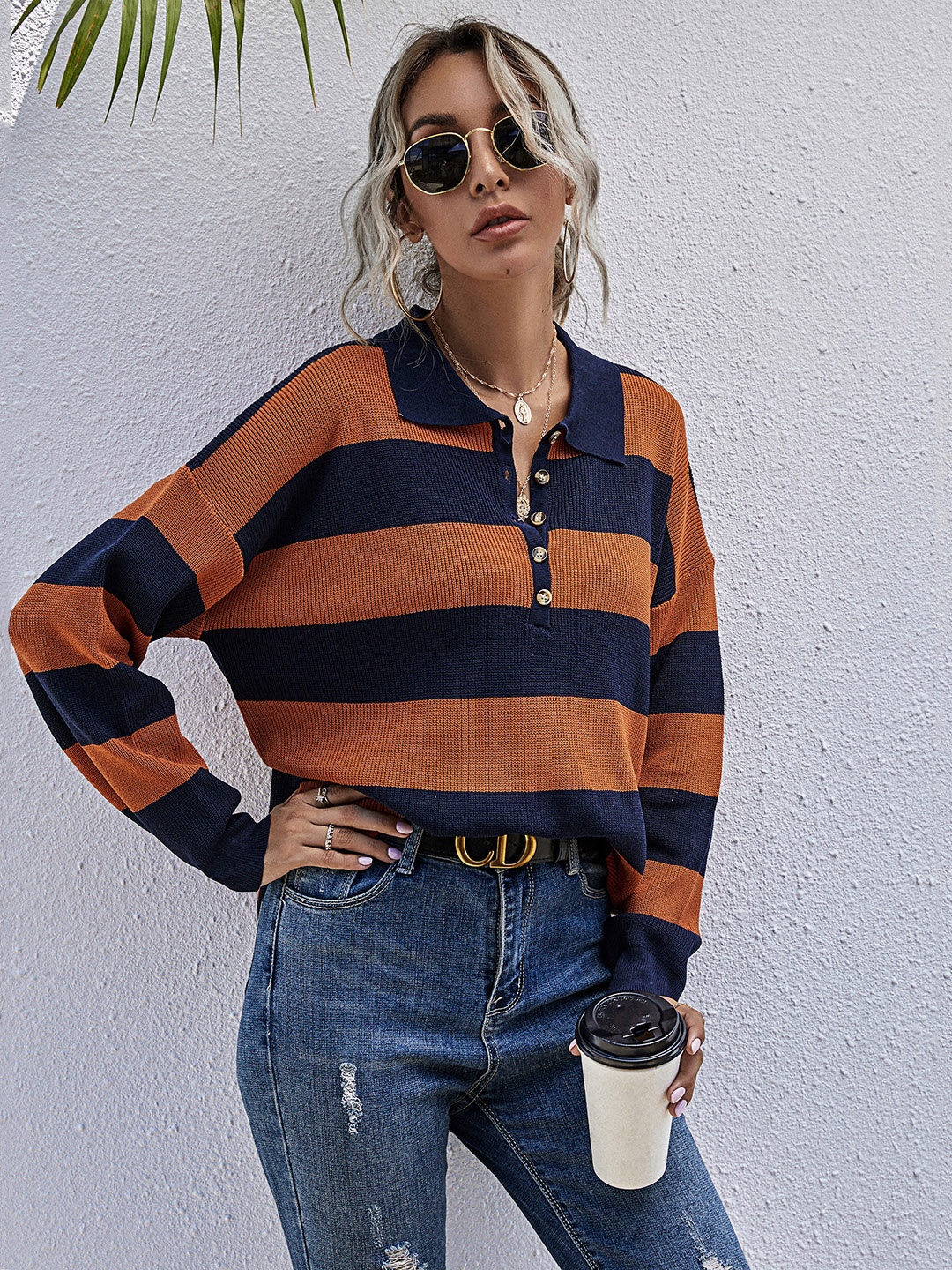 

URBANIC Women Orange & Navy Blue Striped Pullover
