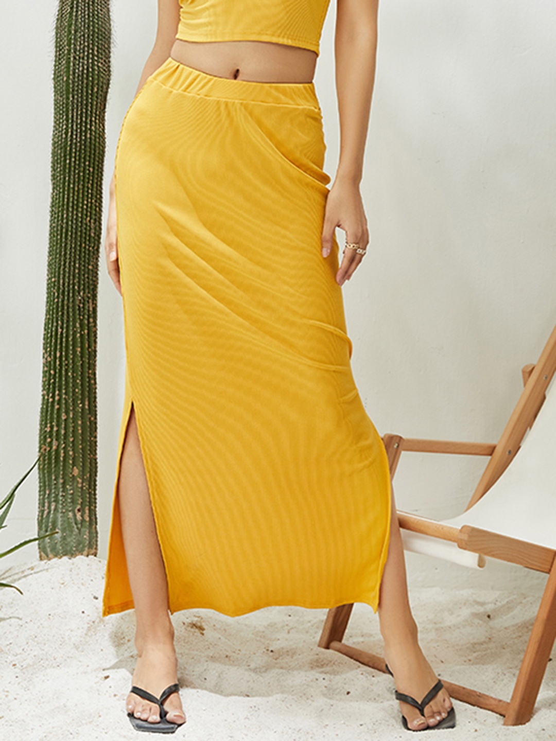 

URBANIC Women Yellow Solid Side Slit A-line Midi Skirt