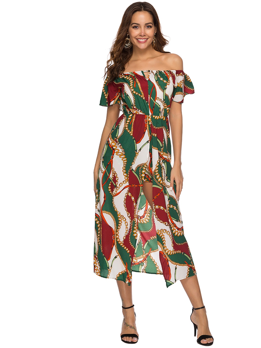 

URBANIC Green & Maroon Off-Shoulder Scarf Print Front Split Layered Playsuit