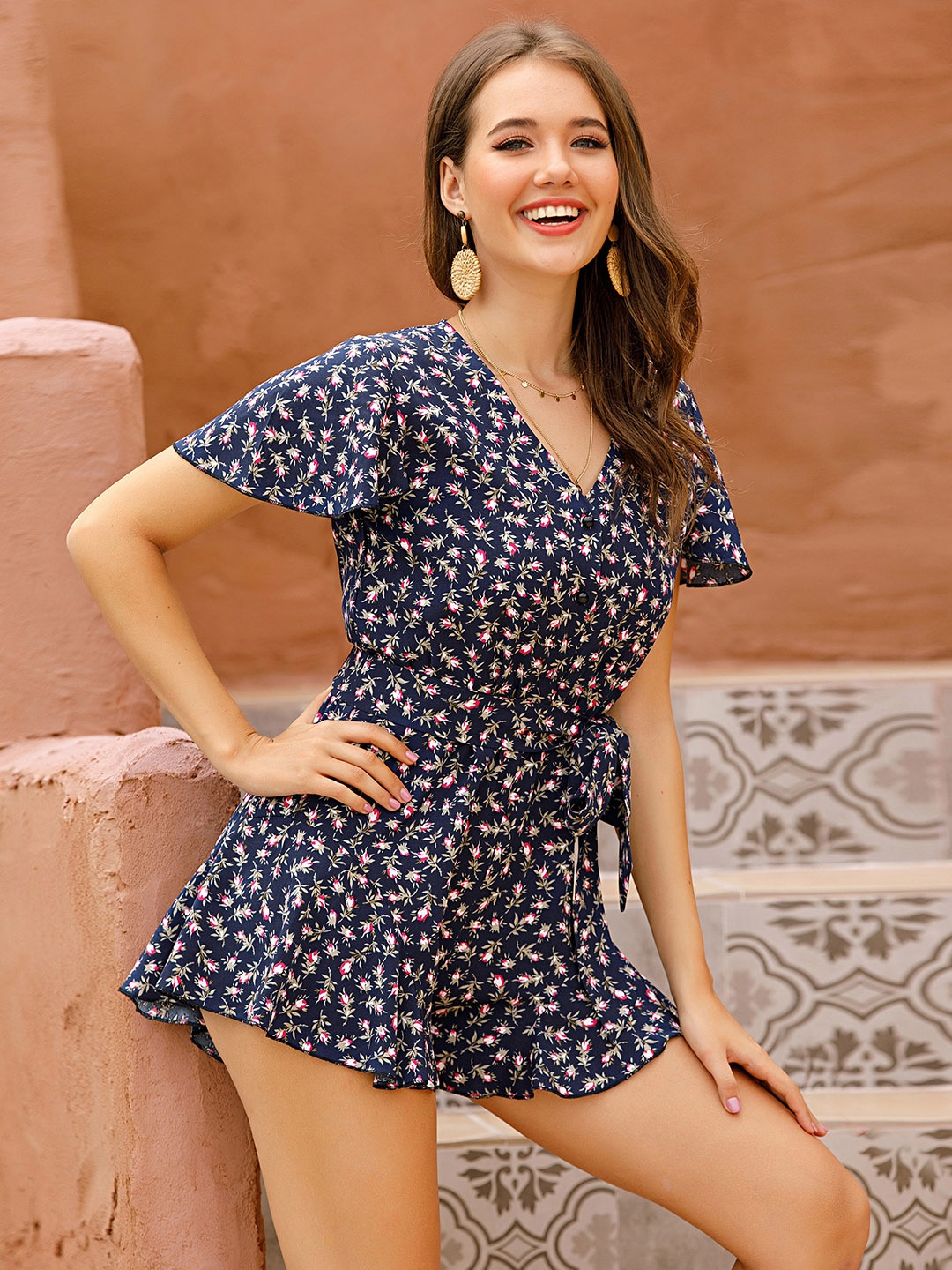 

URBANIC Women Navy Blue & Pink Printed Playsuit
