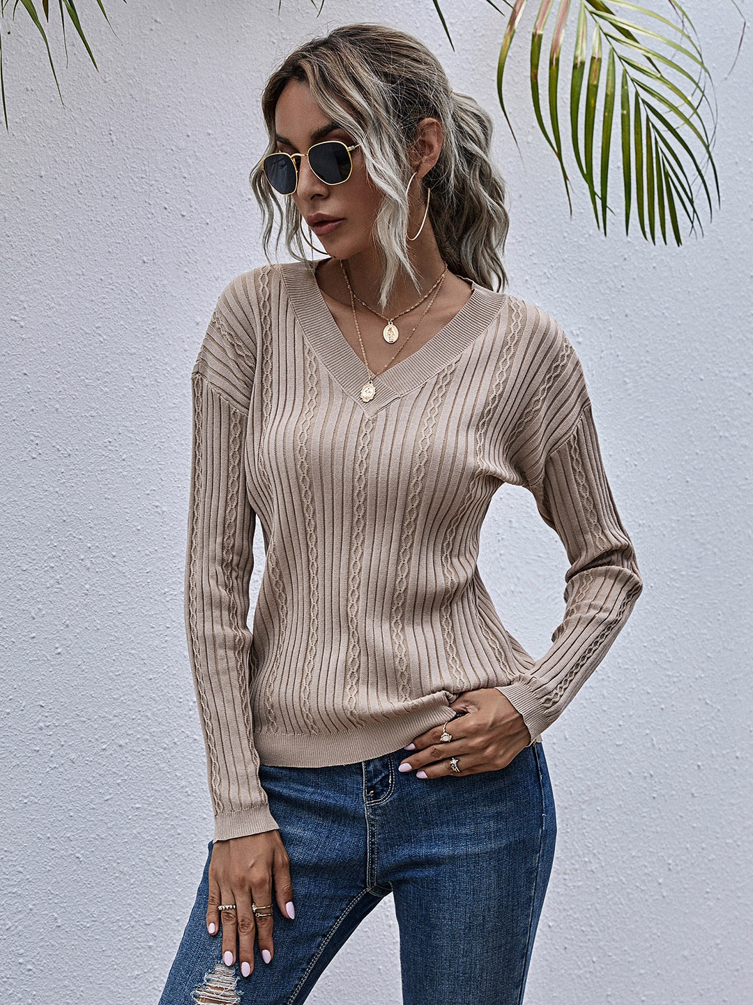 

URBANIC Women Beige Self-Design Pullover