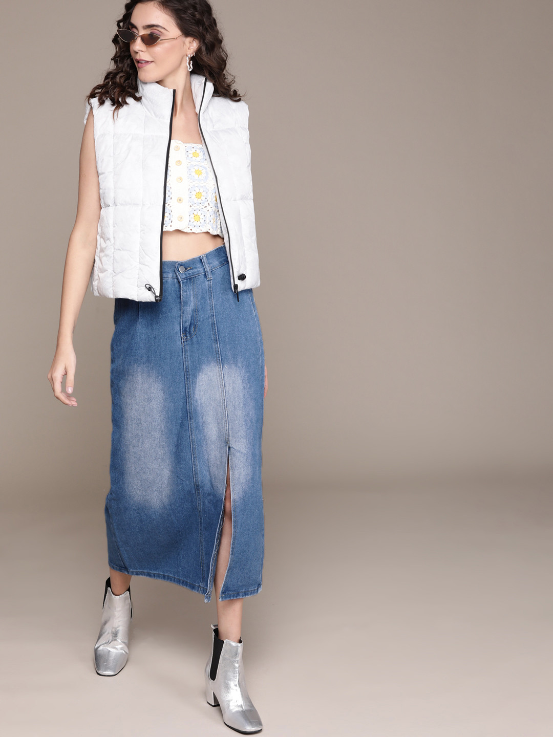 

URBANIC Women Blue Denim Washed A-Line Maxi Skirt