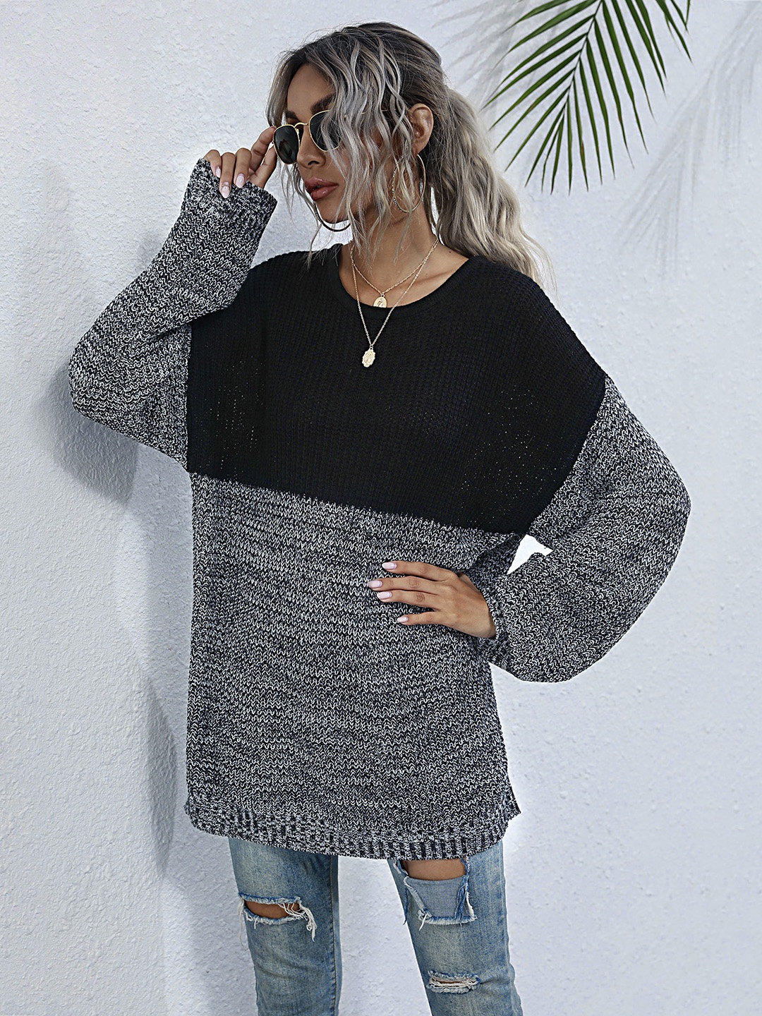 

URBANIC Women Charcoal & Black Colourblocked Pullover