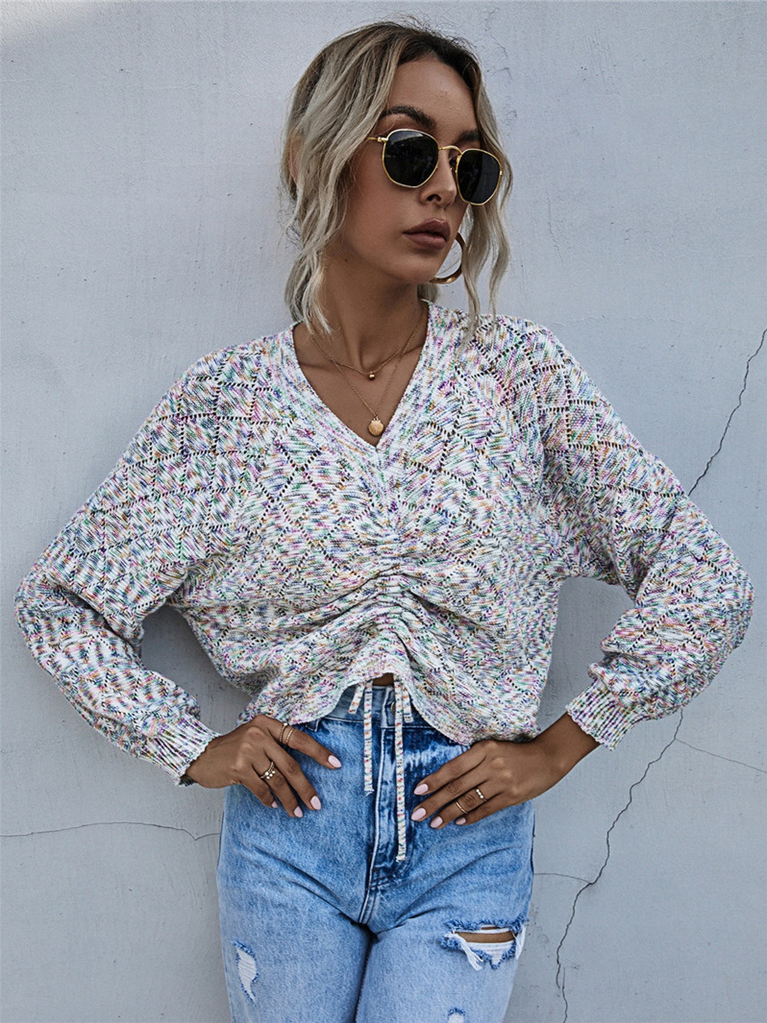 

URBANIC Women Multicoloured Grindle Relaxed Fit Open-Knit Ruched Tie-Up Pullover, Multi