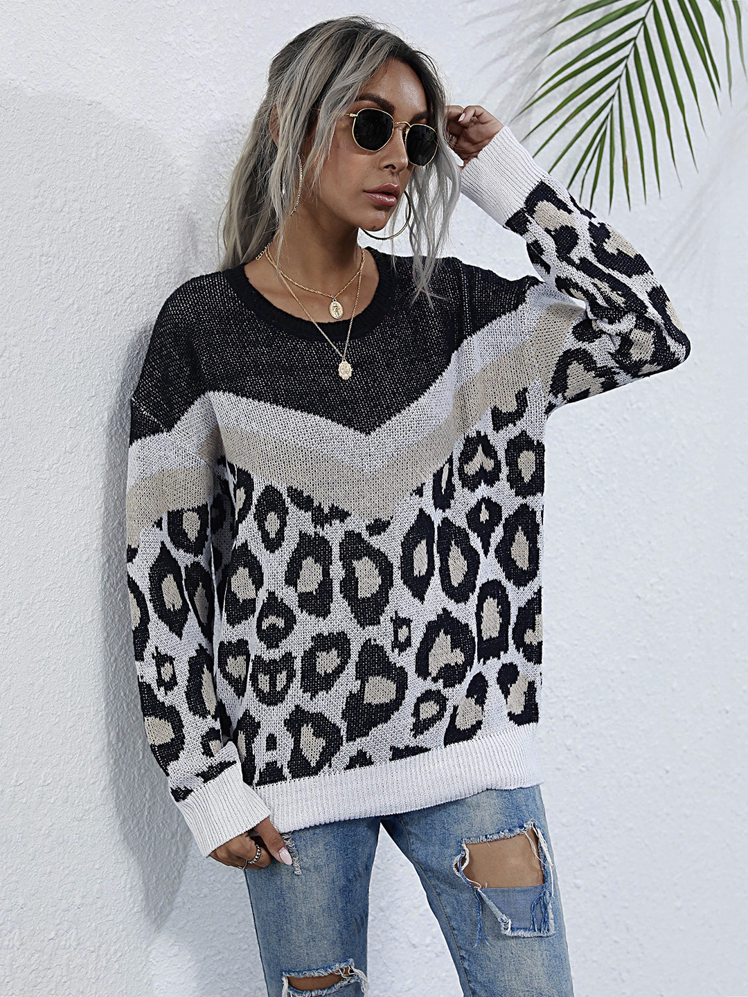 

URBANIC Women White & Black Colourblocked Print Pullover