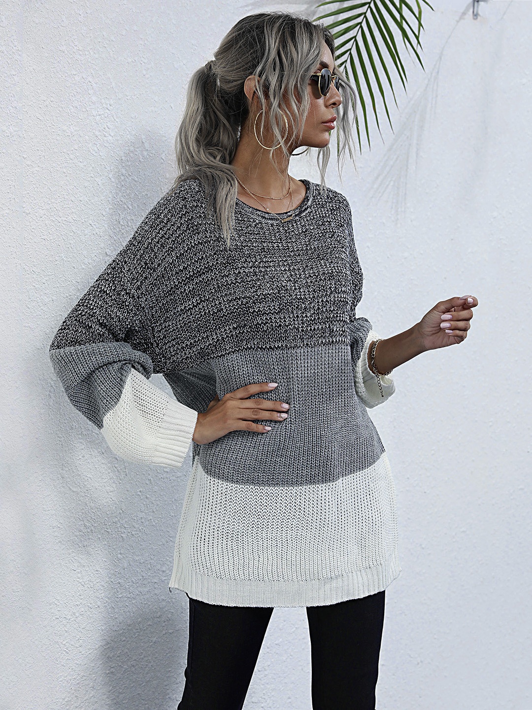 

URBANIC Women Grey & White Colourblocked Longline Pullover