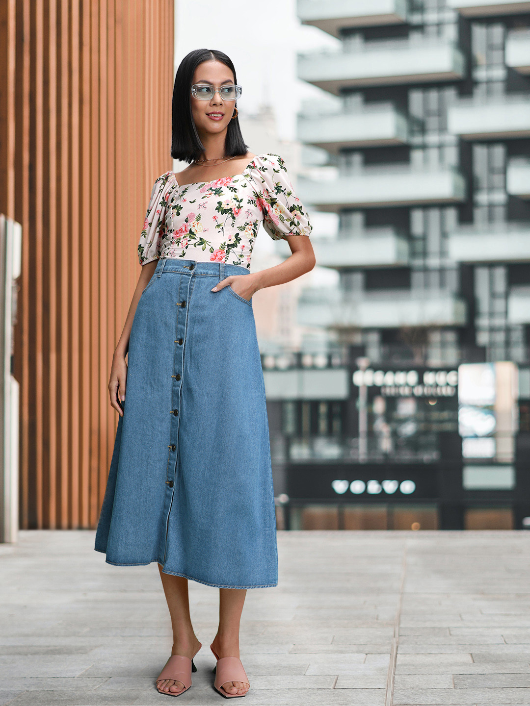

URBANIC Women Blue Solid Denim A-Line Skirt