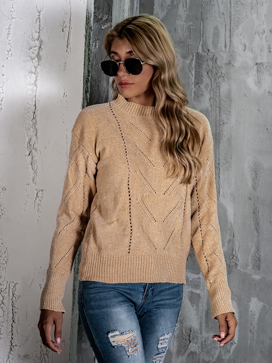 

URBANIC Women Beige Open Knit Pullover