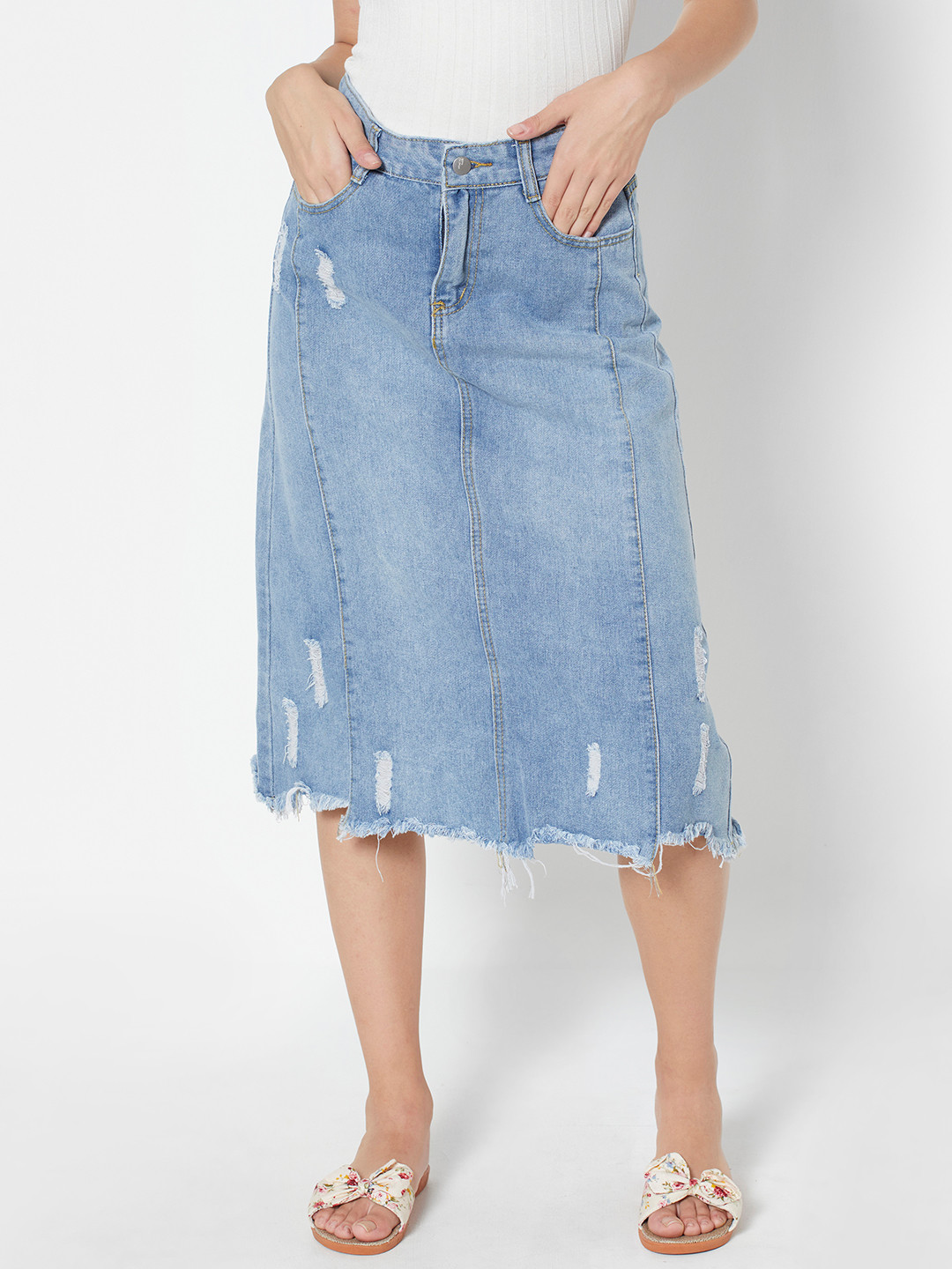 

URBANIC Women Blue Solid Midi Denim A-Line Skirt