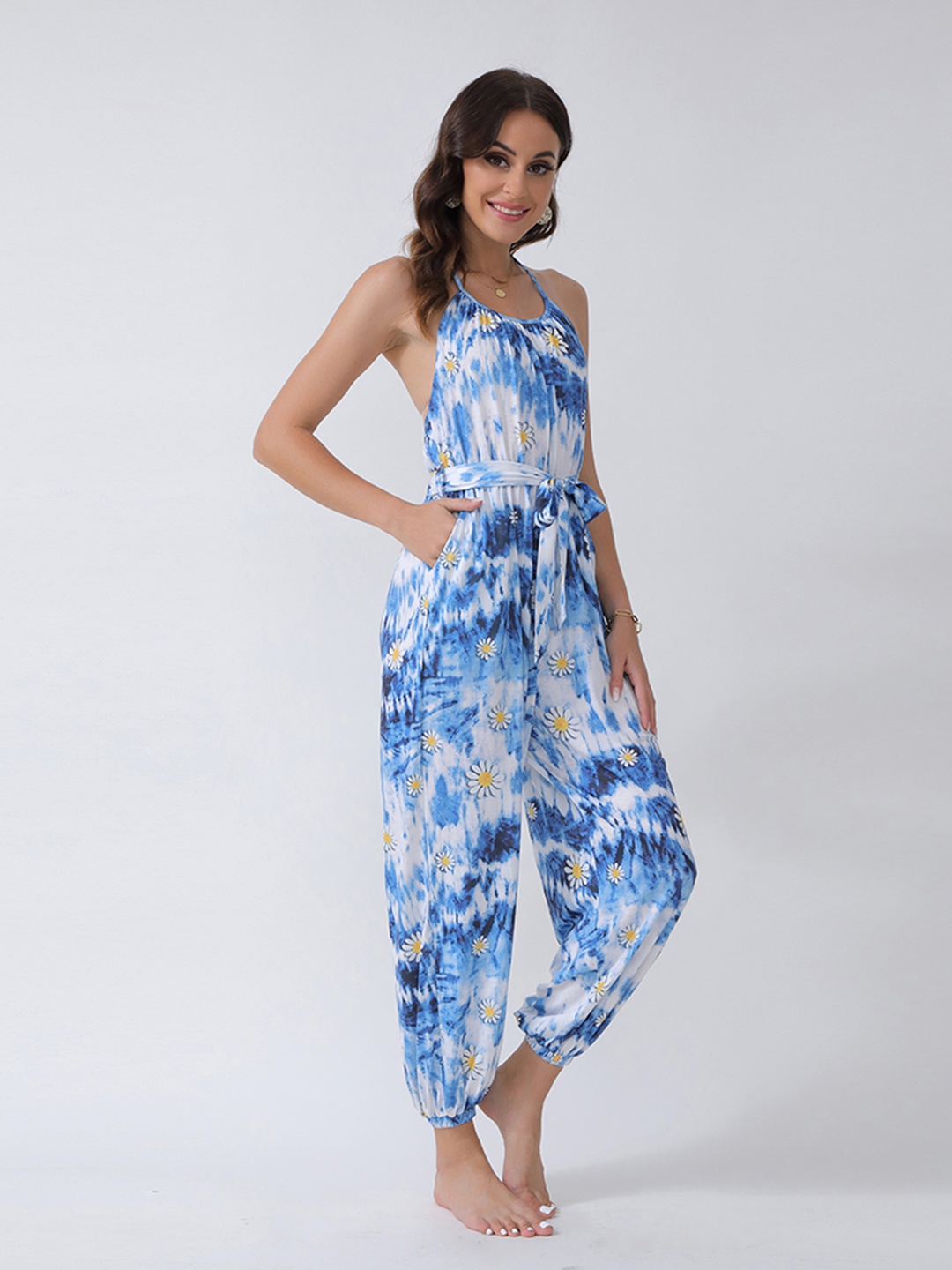 

URBANIC Blue & White Halter Neck Belted Printed Basic Jumpsuit