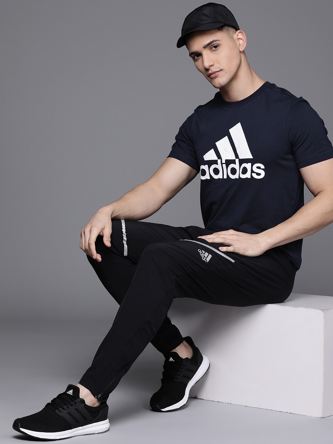 

ADIDAS Men Navy Blue & White Brand Logo SJ Pure Cotton Printed T-shirt