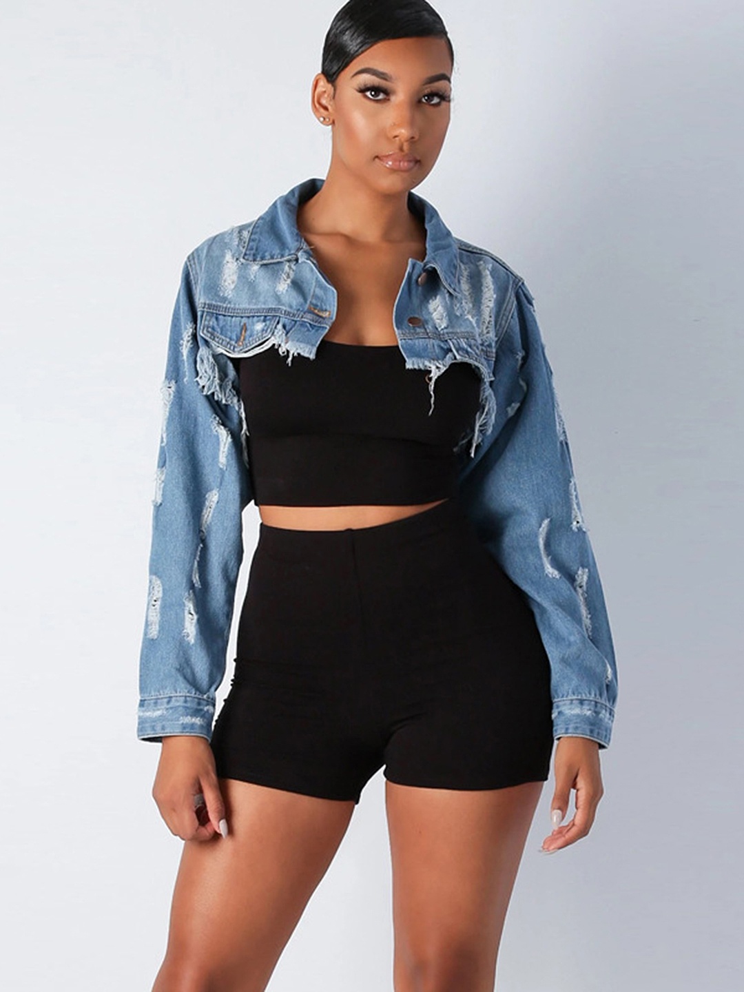 

URBANIC Women Blue Pure Cotton Crop Denim Jacket