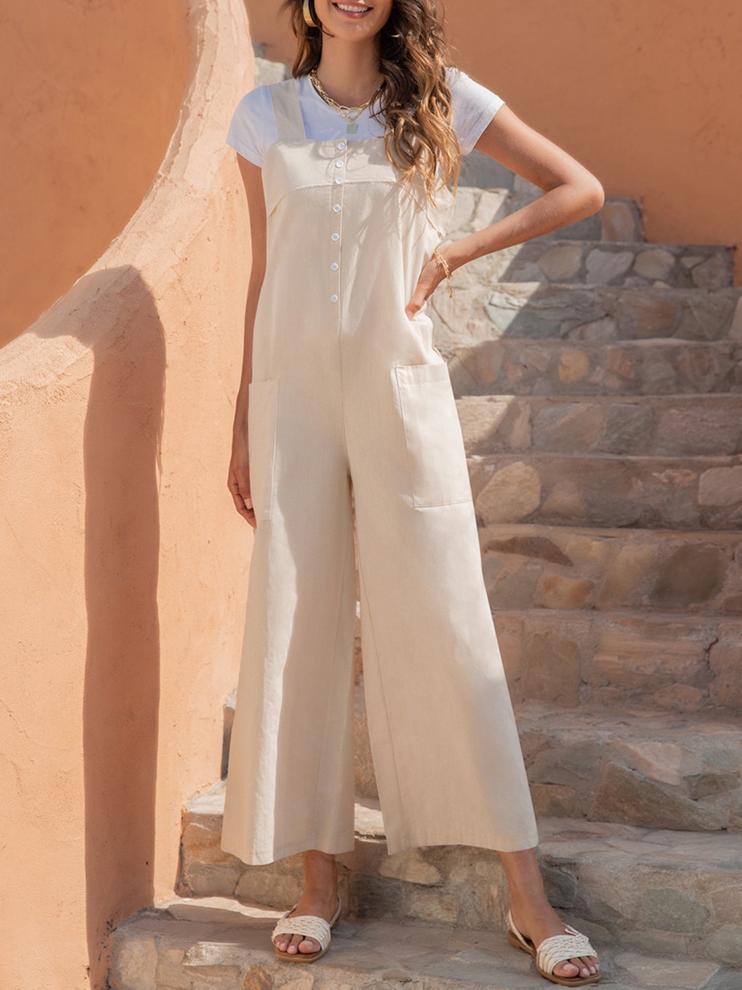 

URBANIC Cream-Coloured Solid Basic Jumpsuit