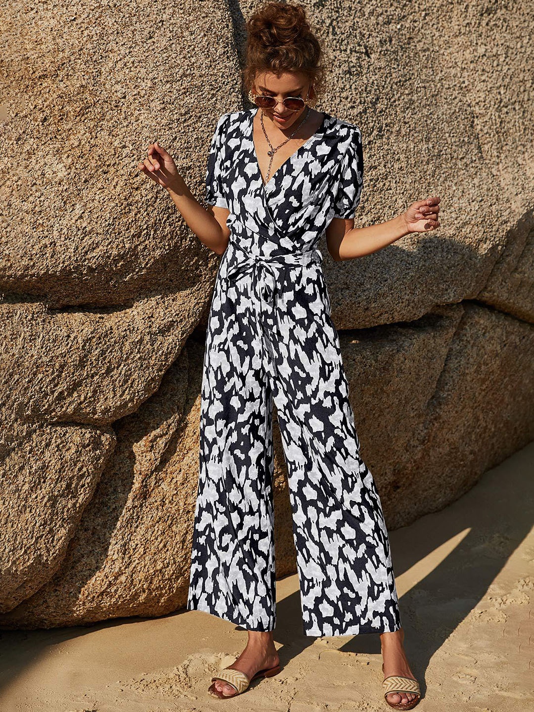 

URBANIC Black & White Printed Basic Jumpsuit