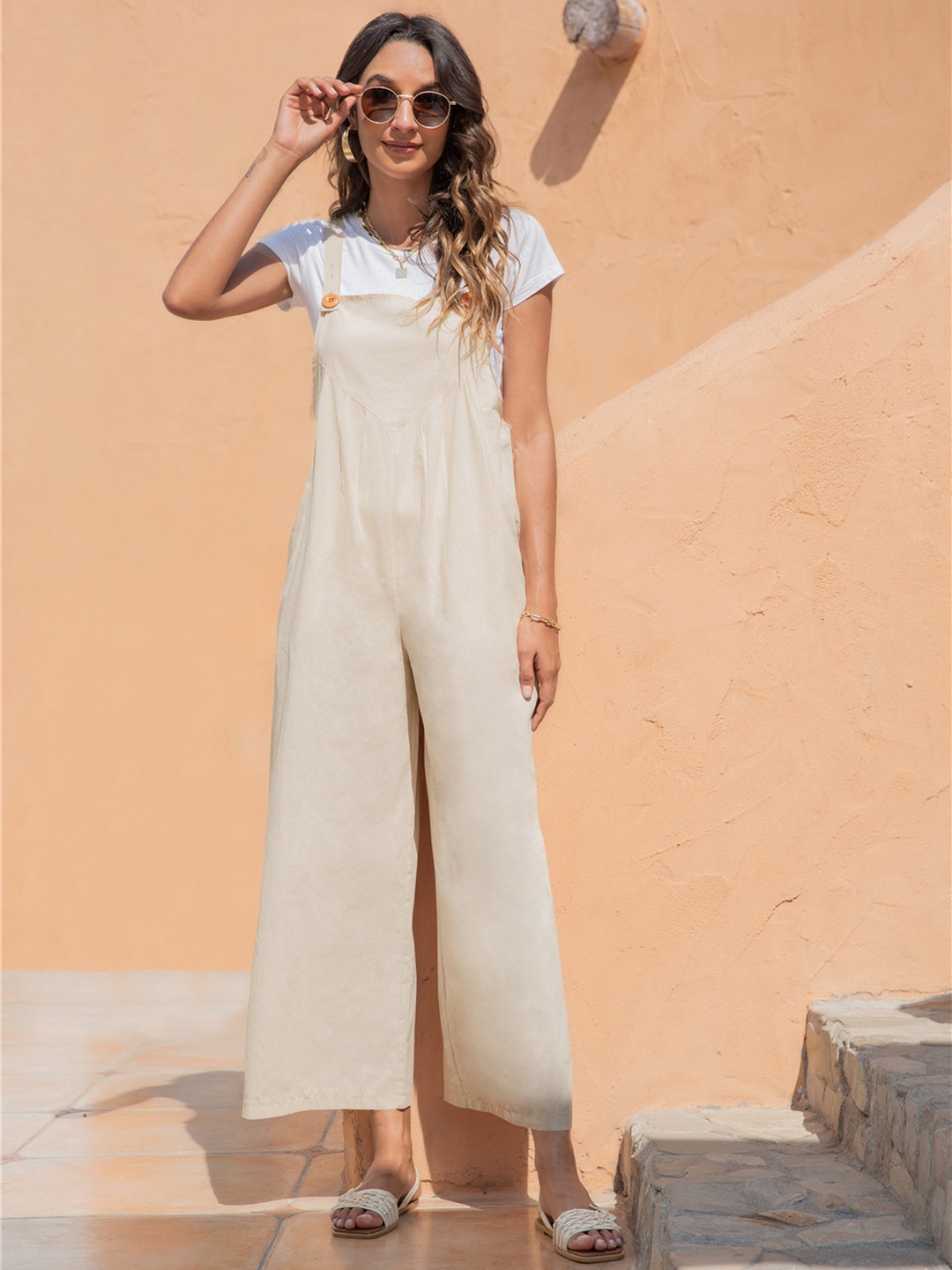 

URBANIC Women Light Beige Solid Cotton Flared Leg Overall Dungarees