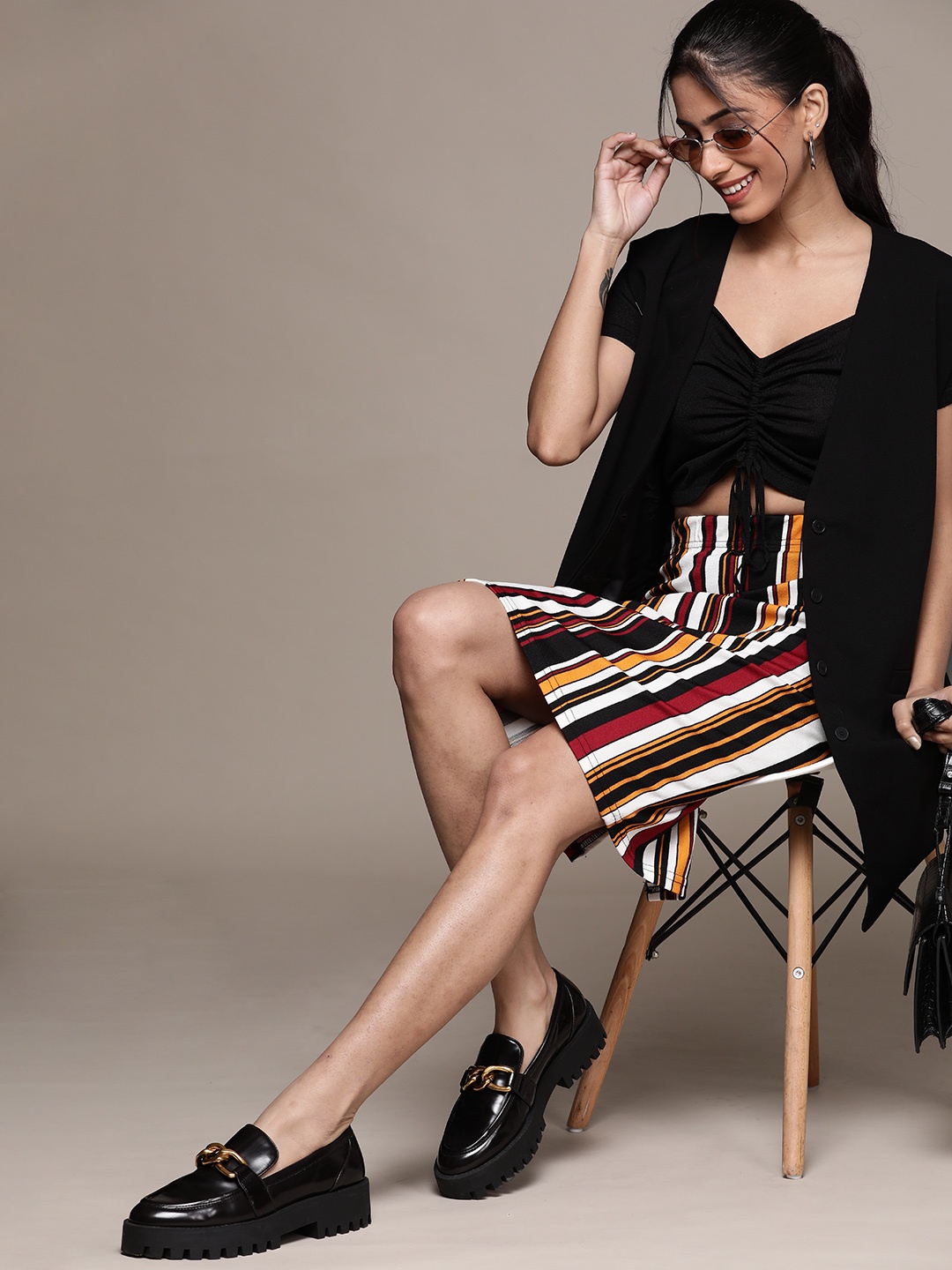 

URBANIC Women Mustard Yellow & Black Striped Straight Skirt
