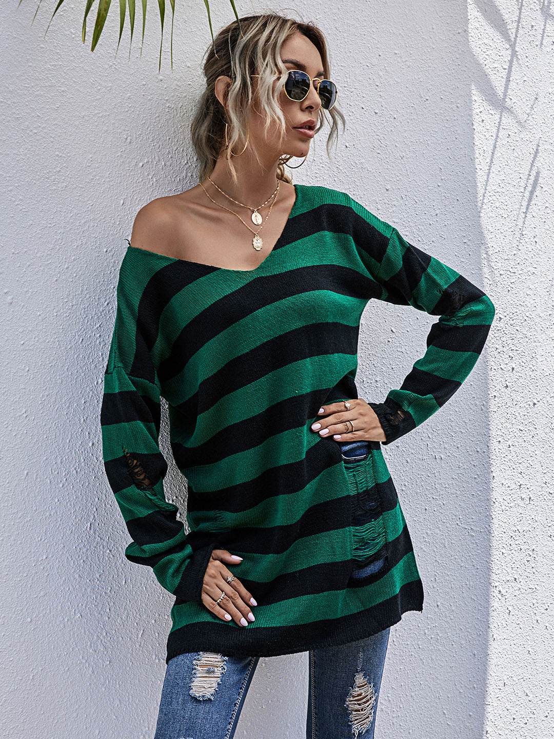 

URBANIC Women Green & Black Striped Longline Pullover