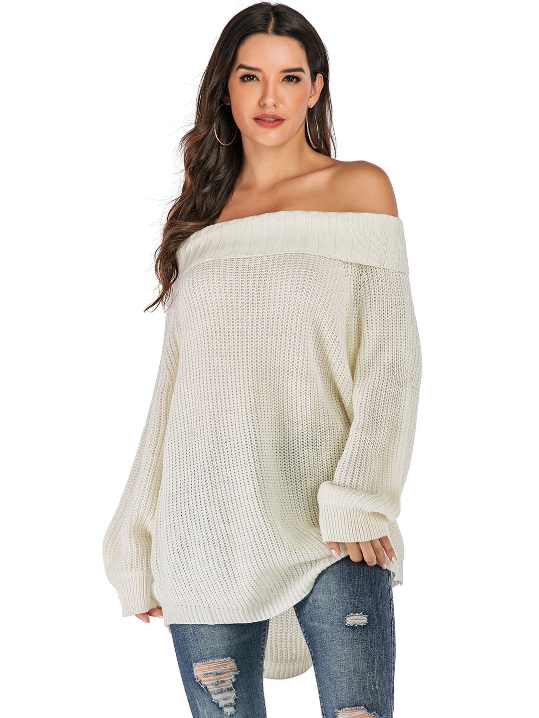 

URBANIC Women White Off-Shoulder Longline Pullover