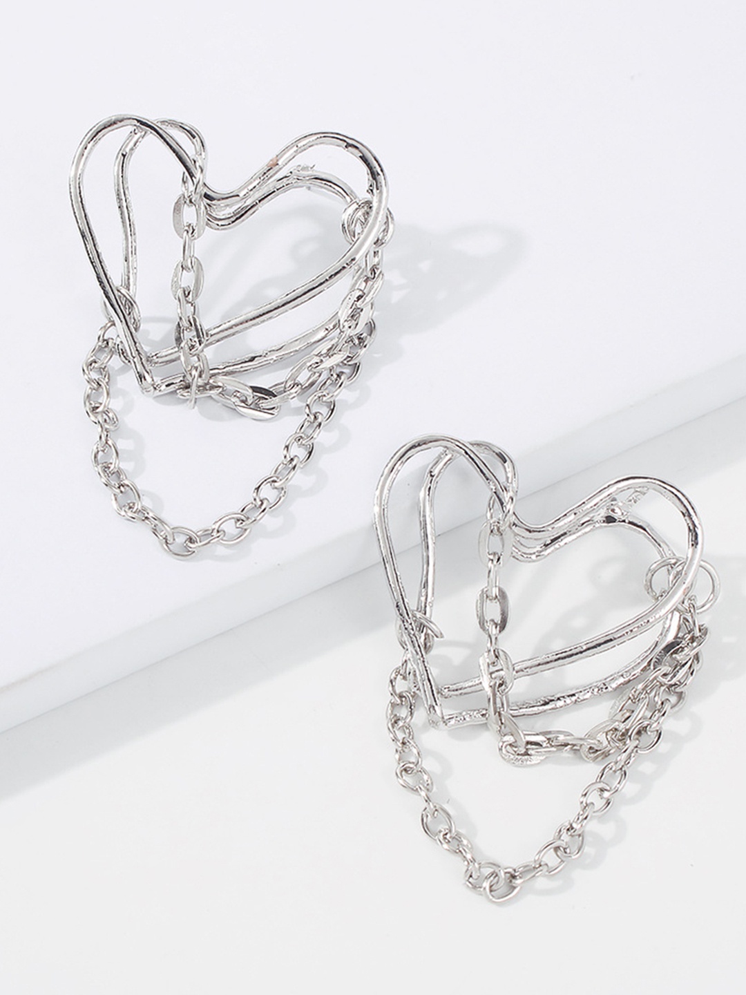 

URBANIC Silver-Toned Heart Shaped Link Dangler Drop Earrings